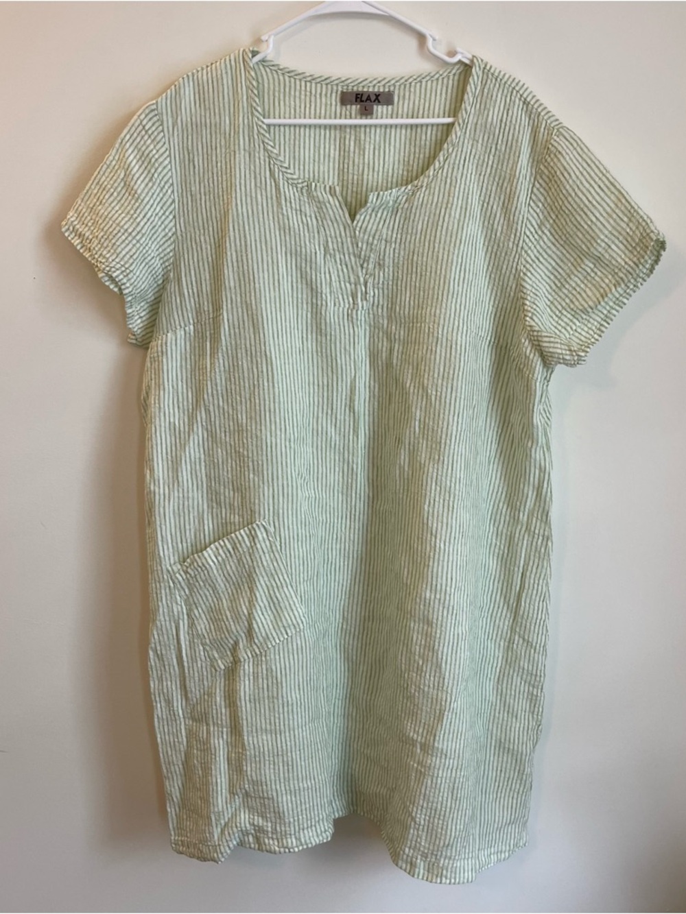 Flax L 100% Linen Green Striped Dress Lagenlook Relaxed Summer Bohemian Light